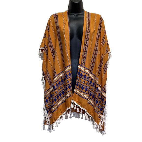 Ardene Bohemian Geometric Print Kimono Tassel Fringe Orange One Size - Picture 3 of 7